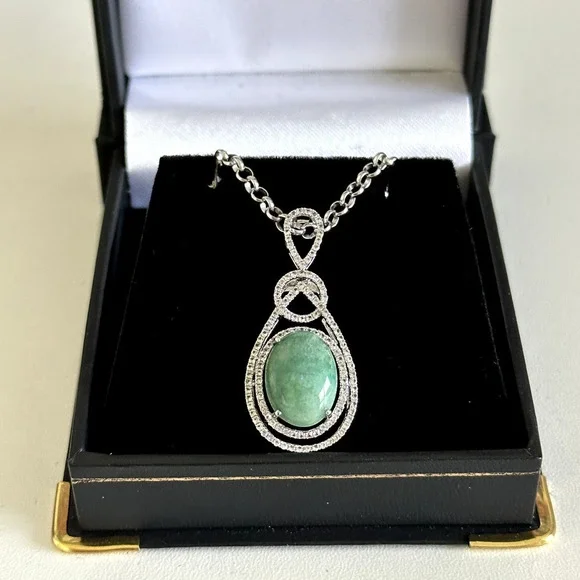 925 Sterling Silver Natural Emerald & White Sapphire Pendant Necklace $1,050 - Picture 2 of 10